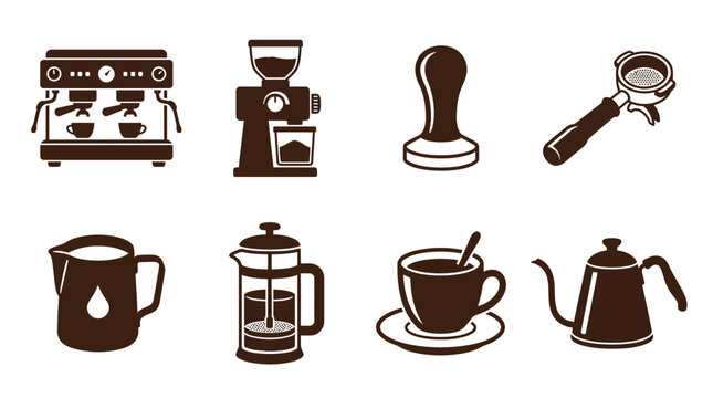 Various coffee-making equipment including espresso machine, grinder, and French press on white background