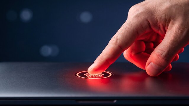 Finger pressing a glowing red button on a dark surface, symbolizing activation and digital interaction