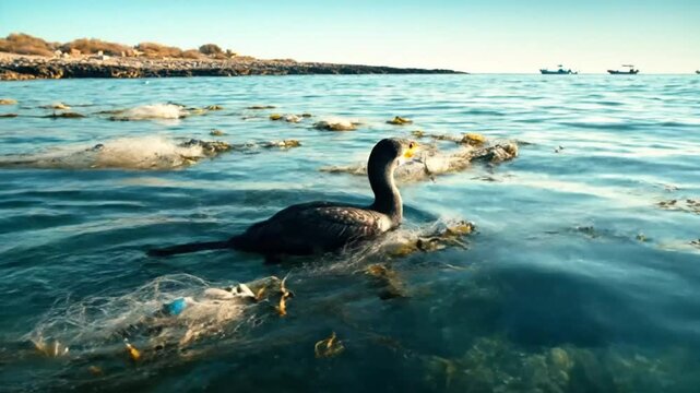 Black cormorant swimming in ocean water surrounded by discarded fishing nets and marine debris near the shoreline.