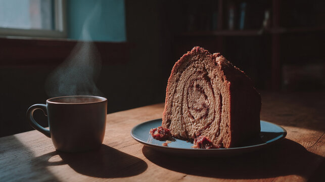 Steaming coffee cup beside chocolate swiss roll with hot drink tea time wooden table
