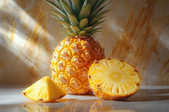 fresh whole pineapple with leafy crown, halved pineapple and wedge on glossy marble surface bathed in warm sunlight, bright inviting and refreshing still life