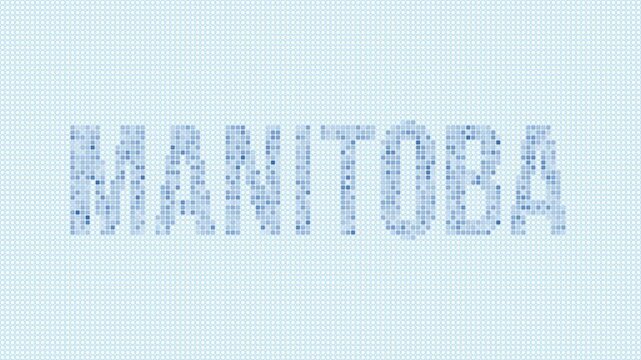 Manitoba, Canada dotted map animation. Digital style shape of the province. Manitoba, Canada shape and title dots appear with bulb flickering effect. Intro, outro, logo, title video.