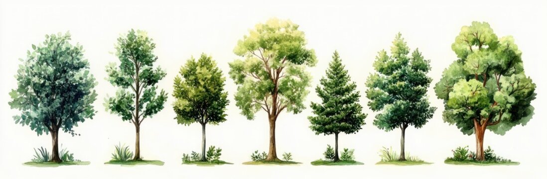 Seven watercolor tree illustrations showing varied deciduous and conifer shapes with grass and shrubs on a white background, conveying calm natural serenity