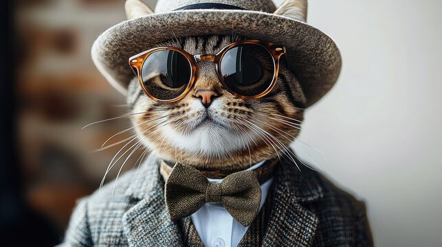 tabby cat wearing round sunglasses, felt hat, tweed suit and bow tie, close-up portrait conveying a confident, suave and dignified expression