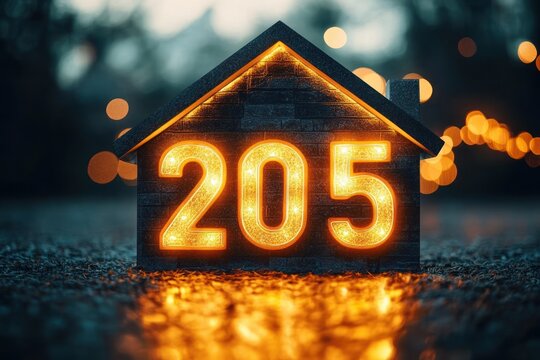 Cozy glowing house-shaped address sign displaying 205 with warm orange lights, bokeh background and wet reflective pavement at dusk