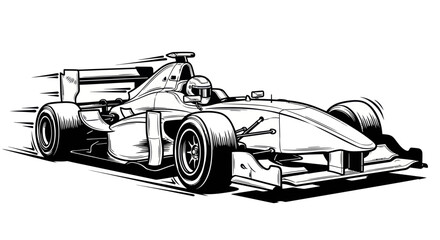 Formula 1 Race Car Illustration, Speeding, Black and White Sketch © dira