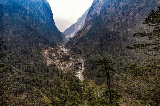 Scenic Himalayan valley with cascading waterfall flowing through dense pine forest, surrounded by steep mountains and rugged rocky terrain in North Sikkim.
