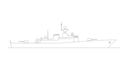 Outline of a modern warship, naval destroyer, military vessel, side view, clean design © dira