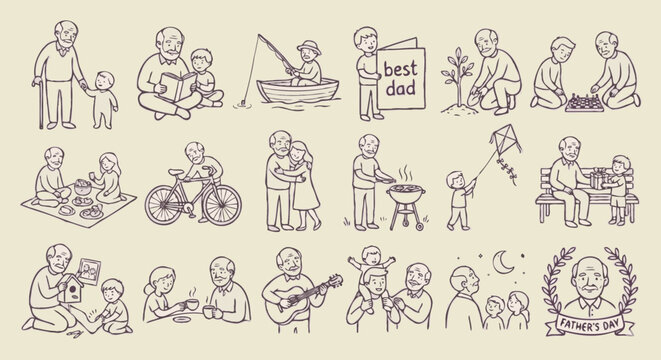 Sweet scenes of eldery man and young people activities perfect for father's day design