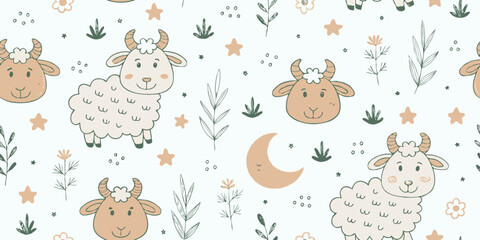 Naklejka premium Cute sheep and crescent moon seamless pattern for kids fabric