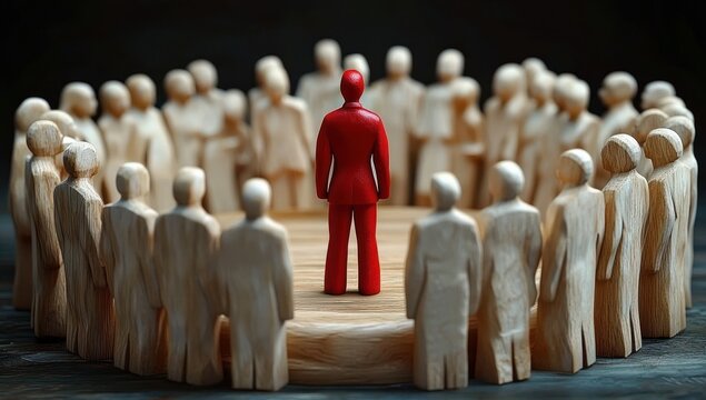 red wooden figure standing confidently on a round wooden platform surrounded by a circle of natural wooden figures under scrutiny and tension