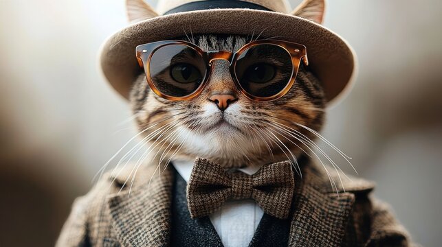 dignified cat in a tweed coat and bow tie with a felt hat, visible whiskers and ears, white shirt, face obscured by a blurred square, whimsical formal portrait with soft background