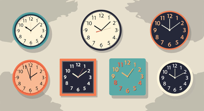 A collection of seven clocks on a gray background