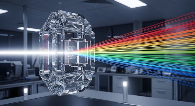 Futuristic brain with rainbow light beams in modern office space