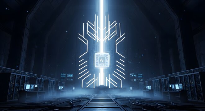 Futuristic neon blue circuit board design with glowing lines and cube