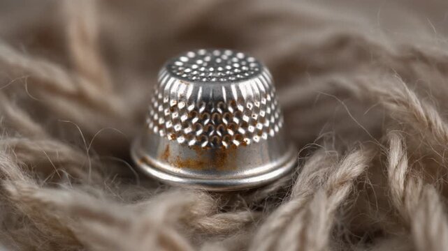 Closeup of a metal thimble resting on fur texture.