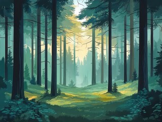 Misty sunlit pine forest clearing with tall trunks, green mossy undergrowth and soft golden rays, serene and peaceful woodland morning © Margarita