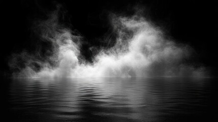 Fototapeta premium Haunting white fog rolling above dark water with ripples and reflective surface, a mysterious calm atmosphere