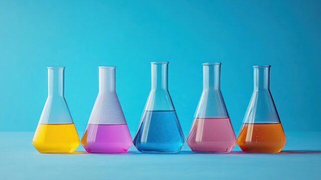 Five conical glass flasks in a row filled with yellow, pink, blue and orange liquids on a blue gradient background, bright playful experimental mood