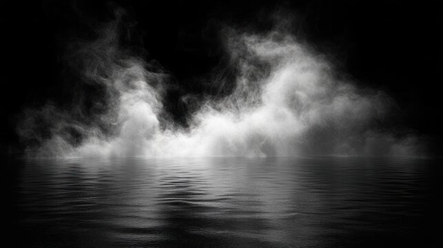 Haunting white fog rolling above dark water with ripples and reflective surface, a mysterious calm atmosphere