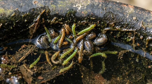 Green larvae and pillbugs clustered in shallow water basin