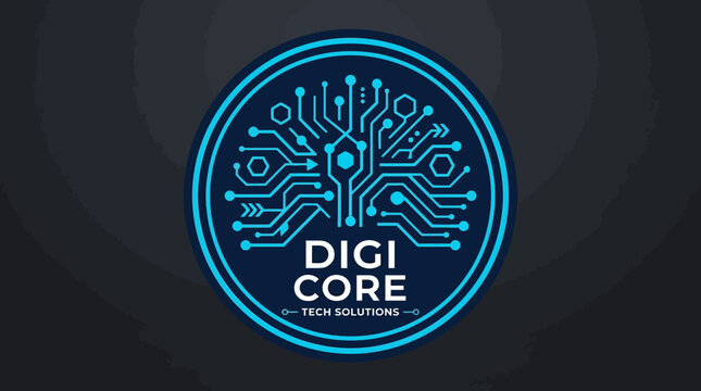 Digital logo design featuring a blue circuit pattern symbolizing technology and innovation