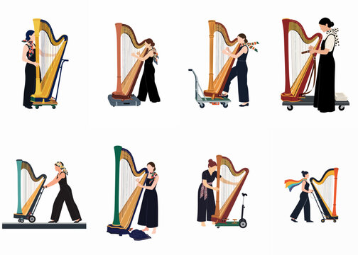 Minimalist flat vector illustration set of female harpists transporting and setting up large concert harps on carts and trolleys.