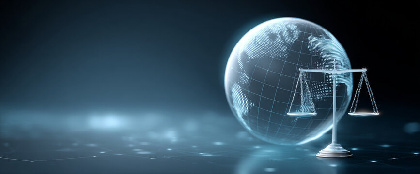 Digital globe with illuminated continents and a metallic justice scale symbolizing global law and fairness in a futuristic technology environment
