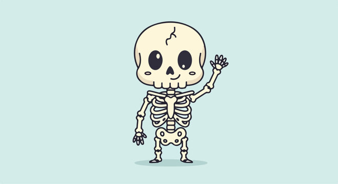 A cartoon skeleton waves with a friendly smile on a light blue background