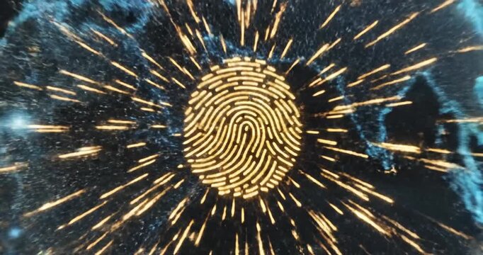 Abstract representation of a fingerprint with blue lines radiating outward, symbolizing security