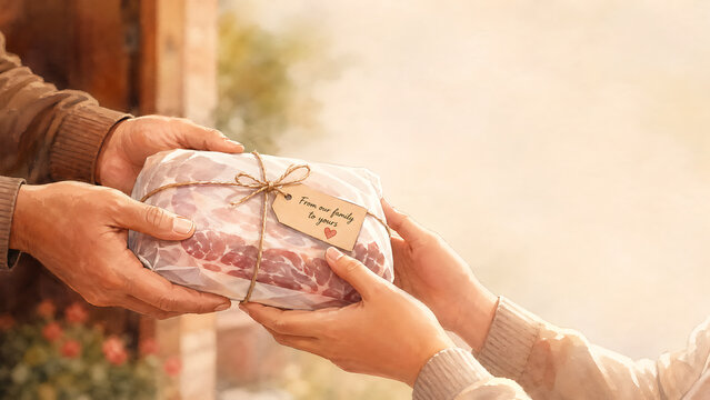 Hands exchanging a beautifully wrapped package of raw meat with a 'From our family to yours' tag, bathed in warm golden light.