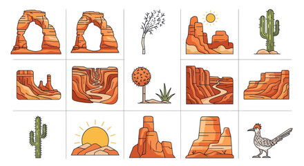 Desert Landscape Illustrations: Arches, Canyons, Cacti, Roadrunner © gan