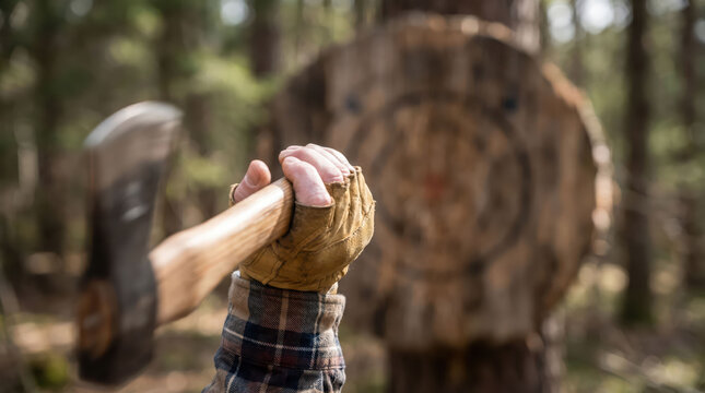 Axe throwing hand target glove outdoor forest sport recreation Person aim axe throwing wooden target outdoors forest wearing glove and plaid shirt