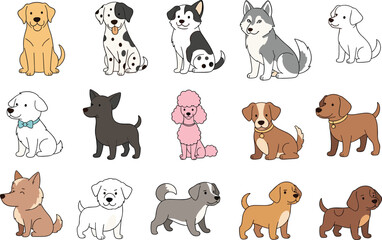Vector illustration set of diverse dog breeds including golden retriever dalmatian husky and poodle isolated on white background for pet design © OBAYDUL