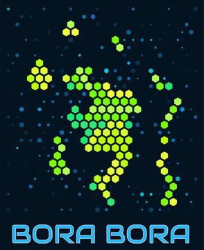 Bora Bora hexagon dots map. Digital style boundary shape. Island map and title. Large green colored hexagons, sparse blue dots at background. Vector Illustration.