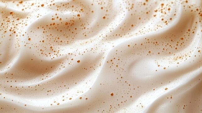 smooth creamy milk foam waves with scattered brown coffee speckles, warm inviting and comforting texture