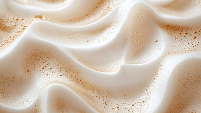 close-up of creamy coffee foam forming soft undulating waves with tiny bubbles and warm beige highlights, evoking a soothing indulgent texture
