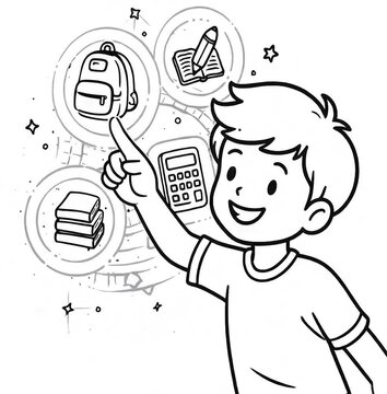 A cheerful boy interacts with a digital interface featuring school icons for an article about digital parenting, school web design.