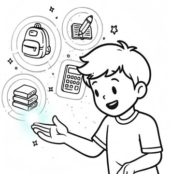 A cheerful boy interacts with a digital interface featuring school icons for an article about digital parenting, school web design.