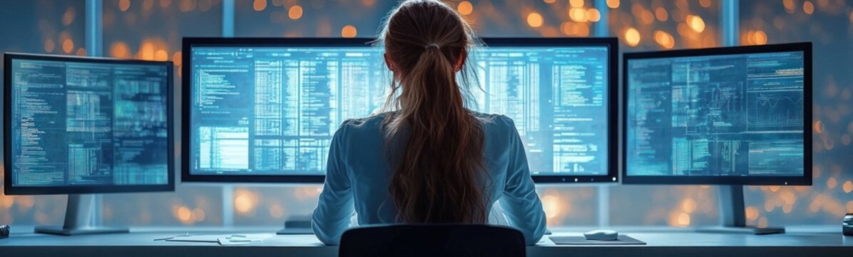 person working late at a multi-monitor coding workstation, focused and immersed in lines of code with warm bokeh city lights in the background
