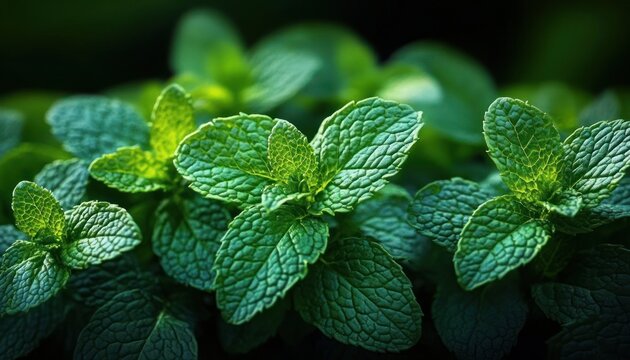Close-up of fresh green mint leaves with textured veined surfaces against a dark blurred background, evoking freshness and vitality