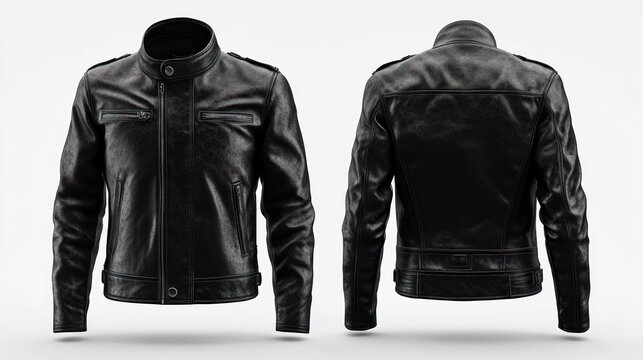 front and back views of a sleek black leather biker jacket with stand collar, zip pockets, shoulder epaulettes and waist tab on a clean white background conveying cool confidence