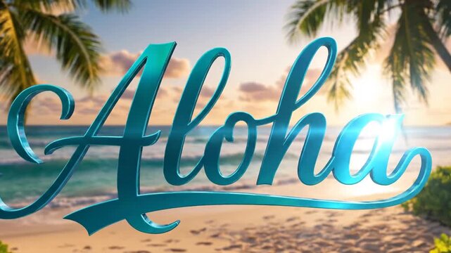3D Aloha text over tropical beach landscape at sunset