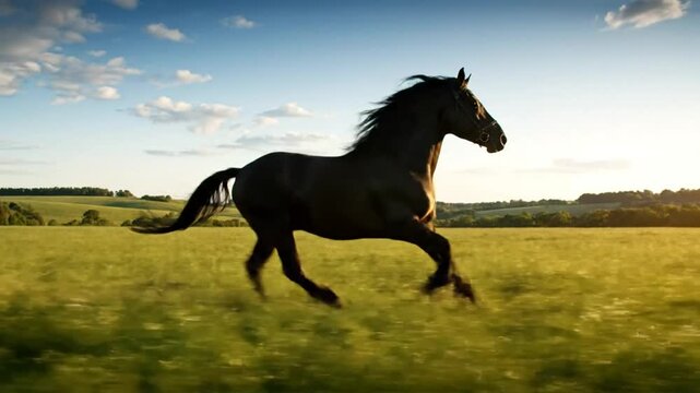 Graceful black horse galloping freely across a vibrant green field under a clear blue sky