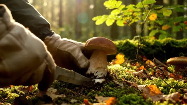 Cutting a Freshly Picked Mushroom with Knife in Forest During Sunny Autumn Day
