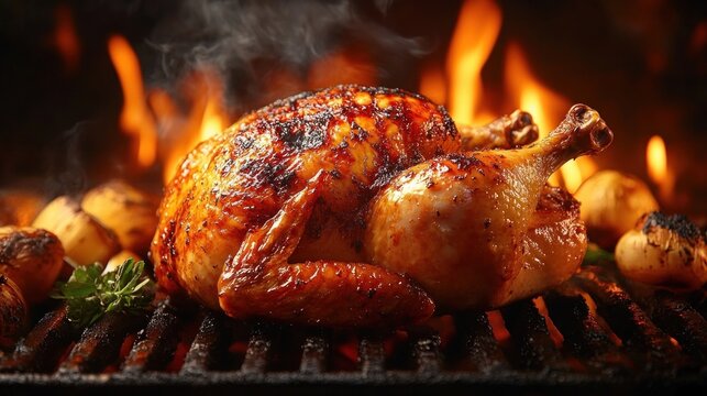 Sizzling whole roasted chicken on an open flame grill with charred onions, fresh herbs and smoky golden skin, warm inviting and mouthwatering