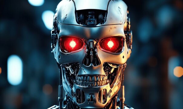 close-up metallic humanoid robot skull with glowing red eyes and a menacing mechanical grin