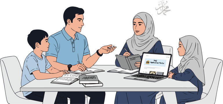 Muslim Students Study with Instructor Illustration