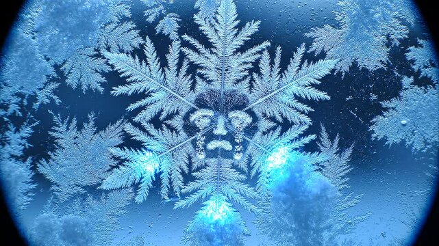 Crying Face Shaped Crystalline Snowflake on Icy Blue Winter Surface