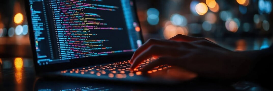 close-up of hands typing colorful code on a laptop keyboard in a dark room with warm bokeh lights, conveying focused late-night concentration